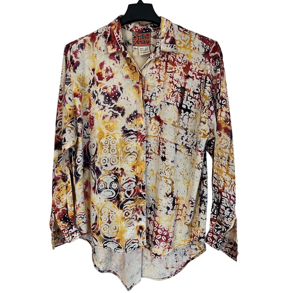 Vintage 90s Sebatu Women's African Faces Hand Print Shirt Colorful Rayon Small S